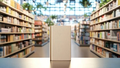 Obraz premium Beige Book Cover Mockup in Bookstore, Bookstore Interior, Mockup Design Book cover, Mockup, Bookstore