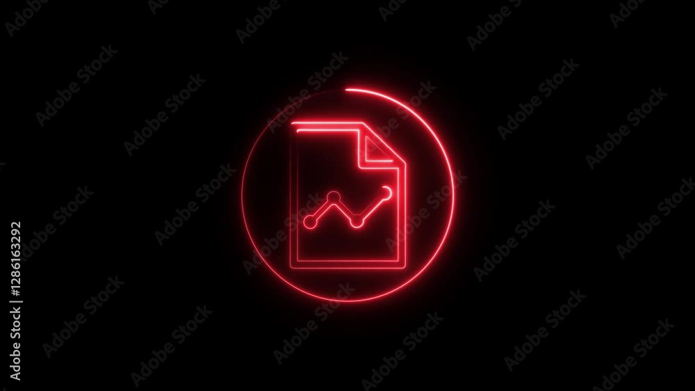 Poster glowing neon graphic document or report with chart icon animation.paper reporting illustration symbo