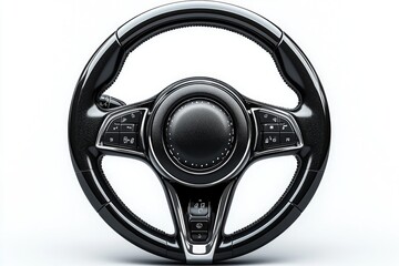 Sleek Modern Black Automobile Steering Wheel Isolated On White