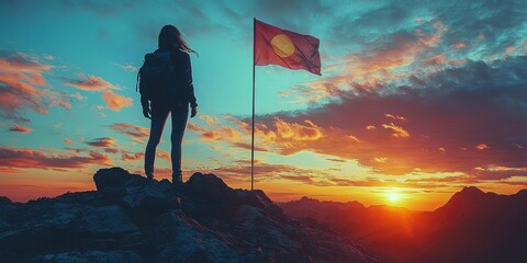 Woman Achieves Victory on Mountaintop with Flag at Sunset, Symbolizing Empowerment for Women's History Month