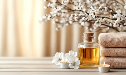 A collection of spa products with white flowers and candles