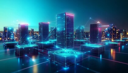Fototapeta premium Digital Cityscape Wireframe Buildings, Networked, Futuristic, 3D Render, Smart City Smart City, Metaverse