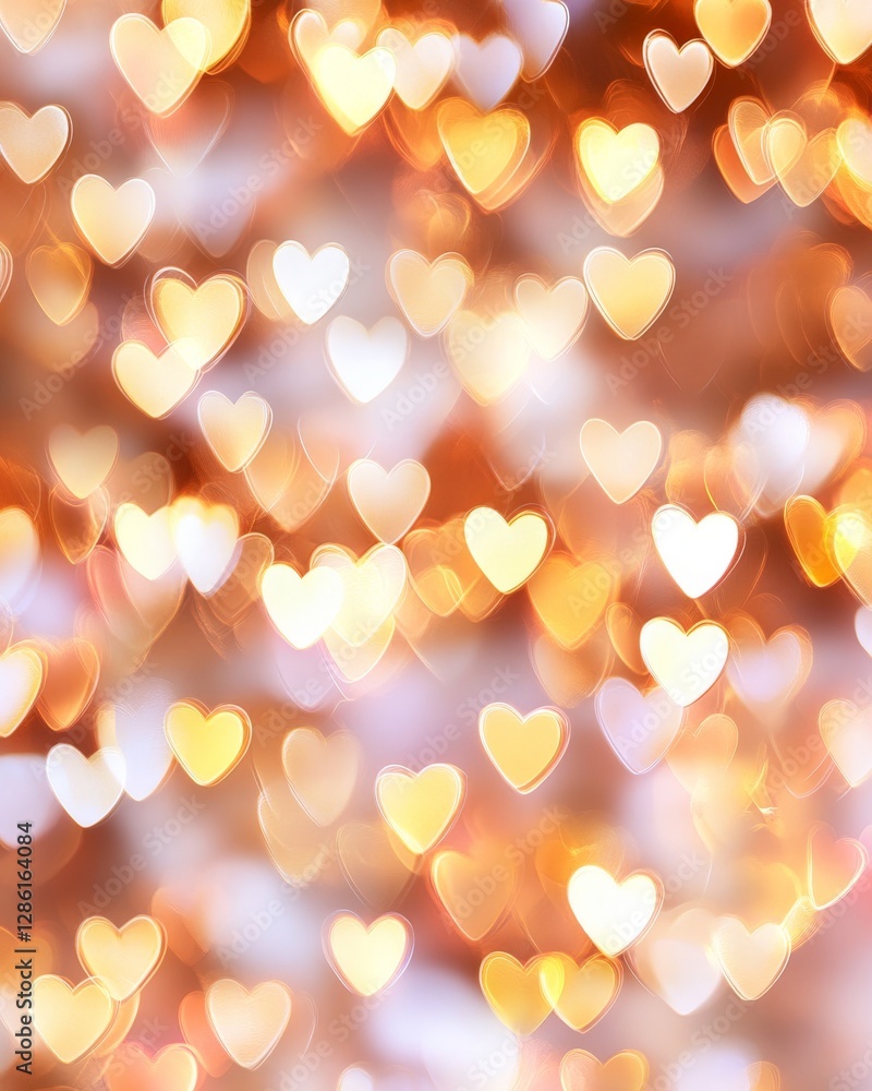 Poster golden bokeh lights with soft heart shaped glowing reflections creating dreamy and romantic atmosphe
