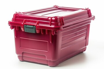 A maroon plastic storage container with a secure latch, ideal for organizing and storing items.