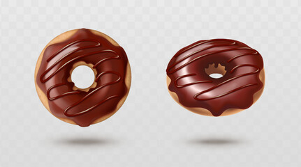 3d realistic vector icon illustrations. Freshly baked,  glazed doughnut in chocolate in top and side view. Isolated on background.