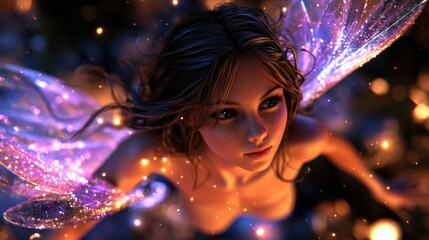 Mystical fairy woman, glowing wings, enchanted forest, looking up.  Possible use fantasy, magic, or game art