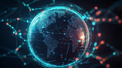 Obraz premium Global Network Digital Earth Composition, Turquoise and Red Hues, Data Visualization, Global Connectivity Global Network, Data Visualization, Digital Earth