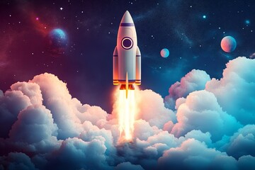 Fototapeta premium Rocket Launch Through Cloudscape Digital Art, Space Exploration Concept, Cosmic Scene Space travel, digital painting