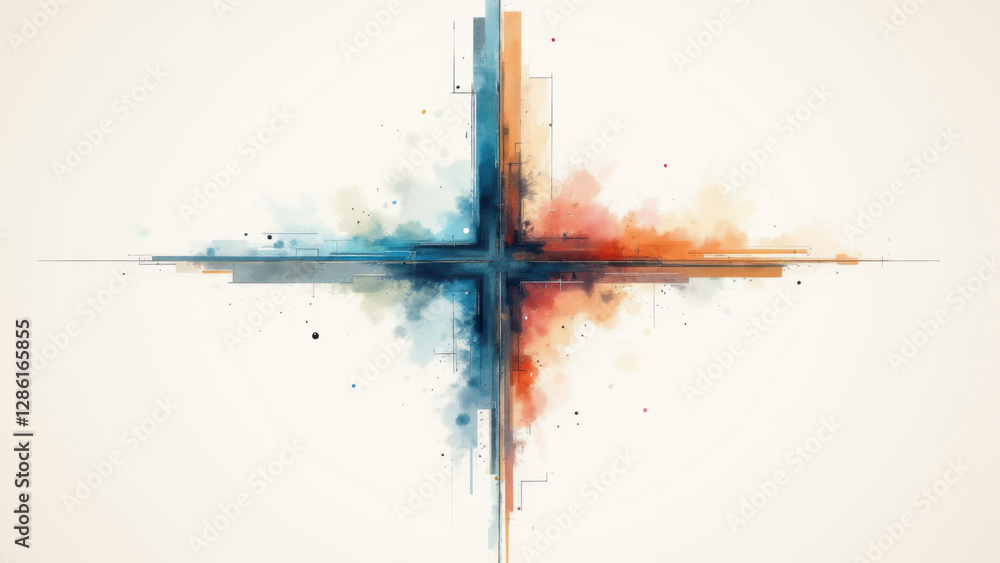 Poster cross design with abstract elements on a white background.