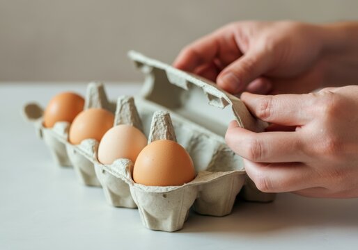 Hands opening carton of brown eggs on white surface