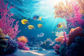 Obraz premium Vibrant Coral Reef Scene Sunlit Underwater Composition with Colorful Fish, Digital Painting, Ocean Life Keywords Underwater, Reef