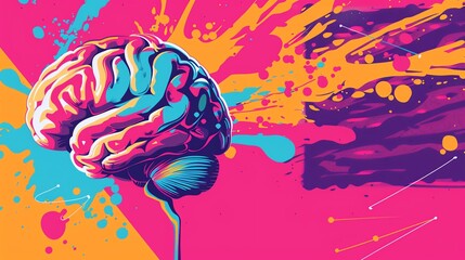 A colorful illustration of a human brain on a splatter background.