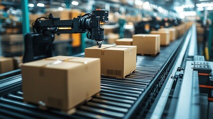 Industrial robots sorting packages with copy space on the bottom left, in artificial lighting, within a distribution center.