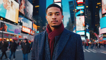 Portrait of a Confident Man in Times Square Amidst Vibrant Neon Lights and Urban Activity