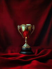 A majestic golden trophy stands proudly against a rich red backdrop, symbolizing achievement and celebration.