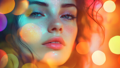 Fototapeta premium Illustration - Woman with Glitter Makeup and Bokeh Lights Background