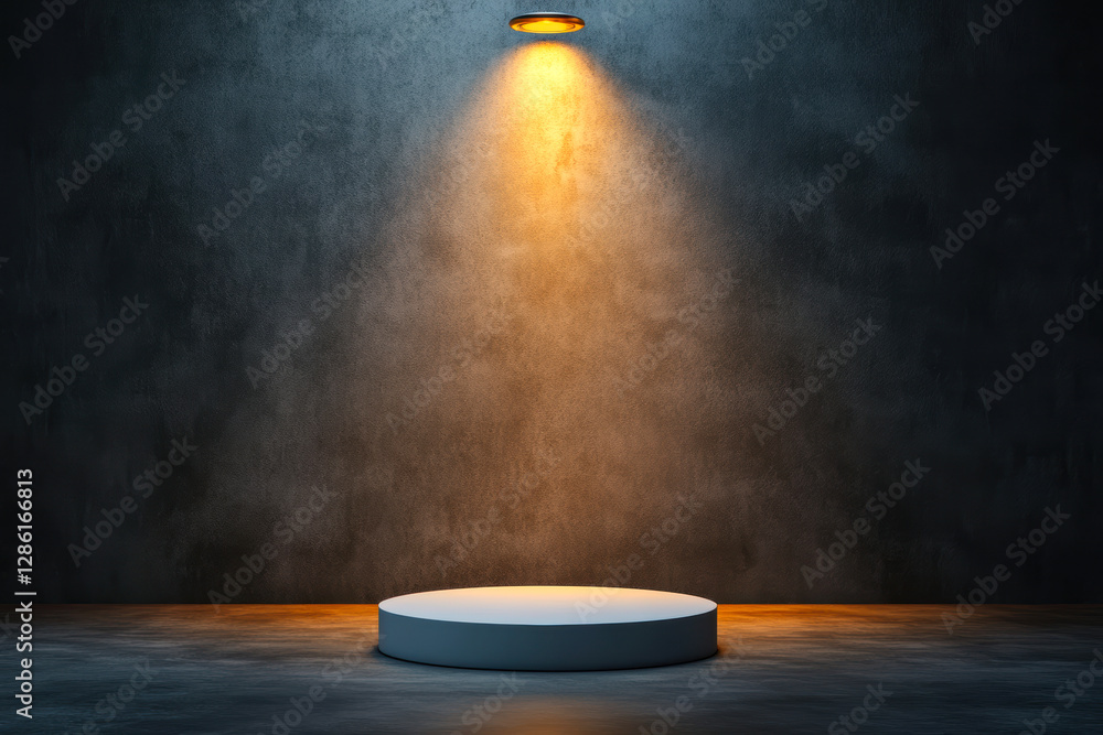Poster a minimalist stage features a circular platform beneath a focused spotlight, casting dramatic light 