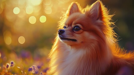 Obraz premium Golden Pomeranian Dog Sunset Portrait