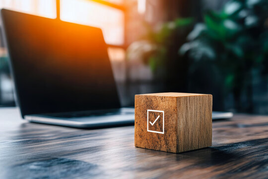 A wooden block with a checkmark symbol stands prominently on a desk, highlighting themes of productivity and organization in a modern workspace filled with greenery and technology.