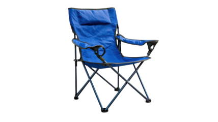 Folding blue camping chair positioned on a flat surface, perfect for outdoor relaxation and gatherings near the beach or park
