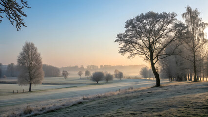 Soft early sunlight through frosty trees with mist rising in cold winter air
