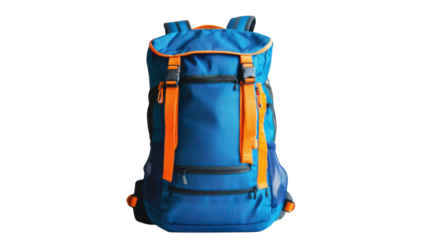 Bright blue backpack with orange accents designed for outdoor adventures and everyday use