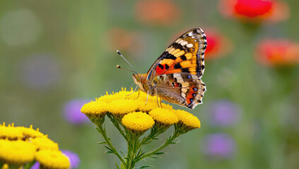 Close-Up of a Colorful Butterfly on Bright Yellow Wildflowers in Blooming Meadow