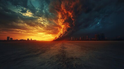 Apocalyptic Sunset City Skyline Divided by Fiery Storm Clouds