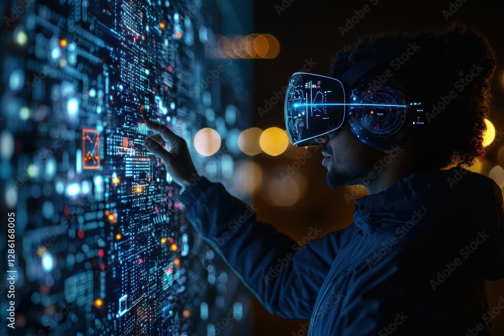 Poster a person wearing virtual reality goggles interacts with a digital display of codes and circuits, set