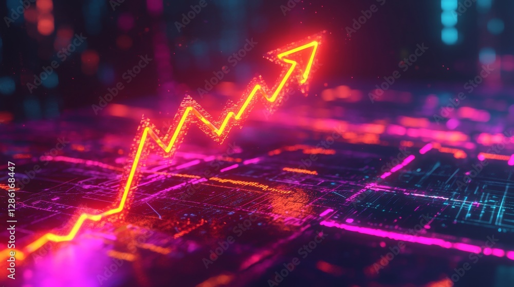 Poster a neon arrow pointing upwards with a glowing graph in the background, representing a strong bull mar