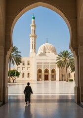 Young Boy Contemplating Grand Mosque Architecture Peaceful Courtyard Scene