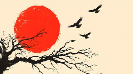 Obraz premium Abstract Sunrise with Silhouetted Tree Branches and Birds in Flight