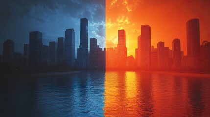 Naklejka premium Divided City Night and Day Urban Skyline Reflection