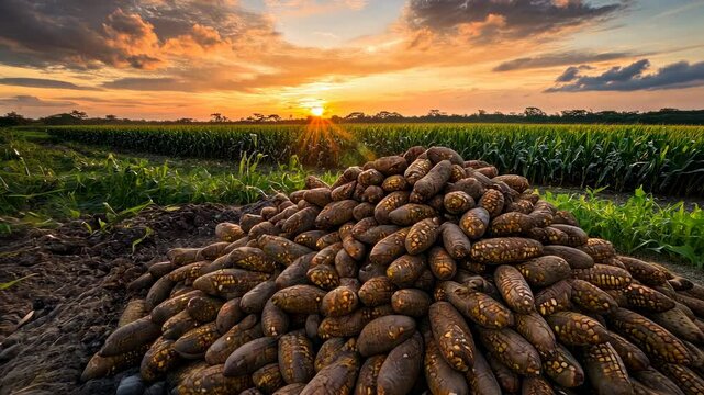 Sunset Harvest: A Bountiful Pile of Malanga Tubers in a Lush Field