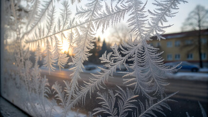 Frosted window with intricate ice patterns and soft winter light