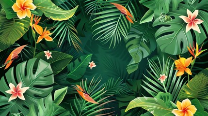 A tropical jungle scene with lush green leaves and colorful flowers.