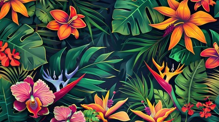 A colorful and vibrant floral pattern with various flower shapes and sizes.