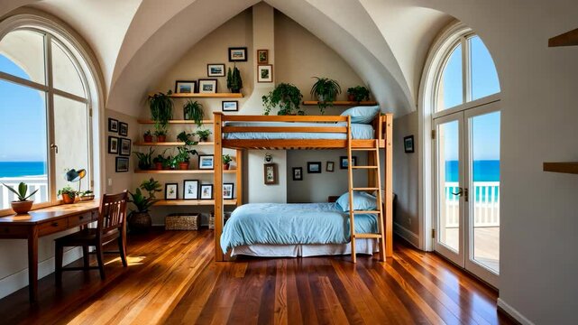 Inspiring Coastal Bedroom Design, Bunk Beds, Natural Light, and Ocean Views to create the perfect Kids Room Interior Decor