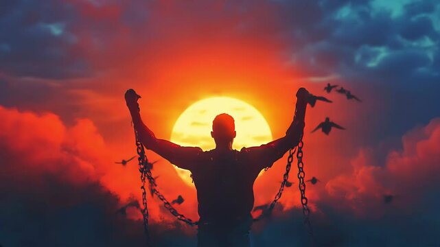 A Protester man breaking chains with a sunrise in the background, symbolizing freedom and dreams coming true. A freedom day concept