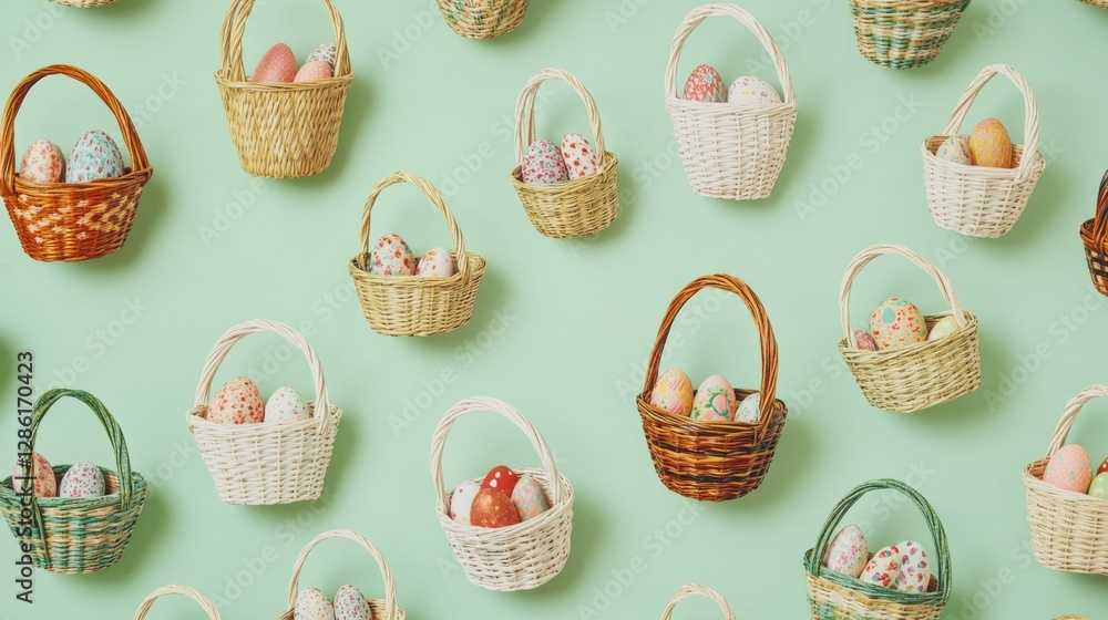 Aufkleber a repeating pattern of different types of easter baskets on a light green background