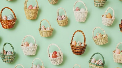 A repeating pattern of different types of Easter baskets on a light green background