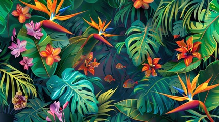An illustration of a lush tropical forest with colorful flowers and fish.