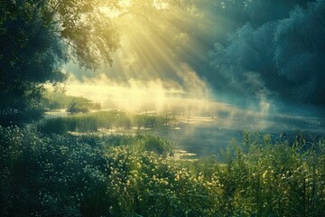 Fototapeta premium Sunbeams pierce morning mist above a tranquil river, illuminating lush greenery and wildflowers along its banks.