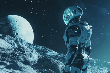 Fototapeta premium Astronaut standing on the moon gazing at the distant Earth