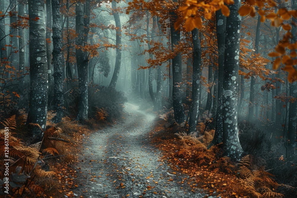 Poster a misty autumn path winds through a forest of tall trees with orange leaves, creating a magical atmo