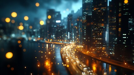 Naklejka premium A vibrant cityscape illuminated at night with blurred lights and flowing traffic.