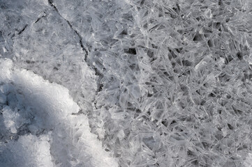 Frozen stream and ice closeup photo. Beautiful winter abstract background in nature. Concept for water and winter time.