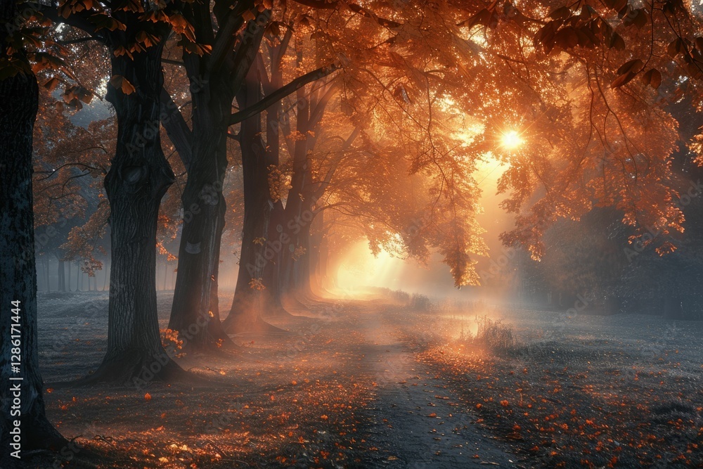 Poster sunlit autumn path through misty forest, golden leaves and towering trees creating magical scene.