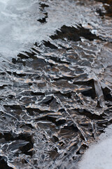 Frozen stream and ice closeup photo. Beautiful winter abstract background in nature. Concept for water and winter time.