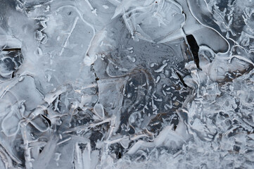 Frozen stream and ice closeup photo. Beautiful winter abstract background in nature. Concept for water and winter time.